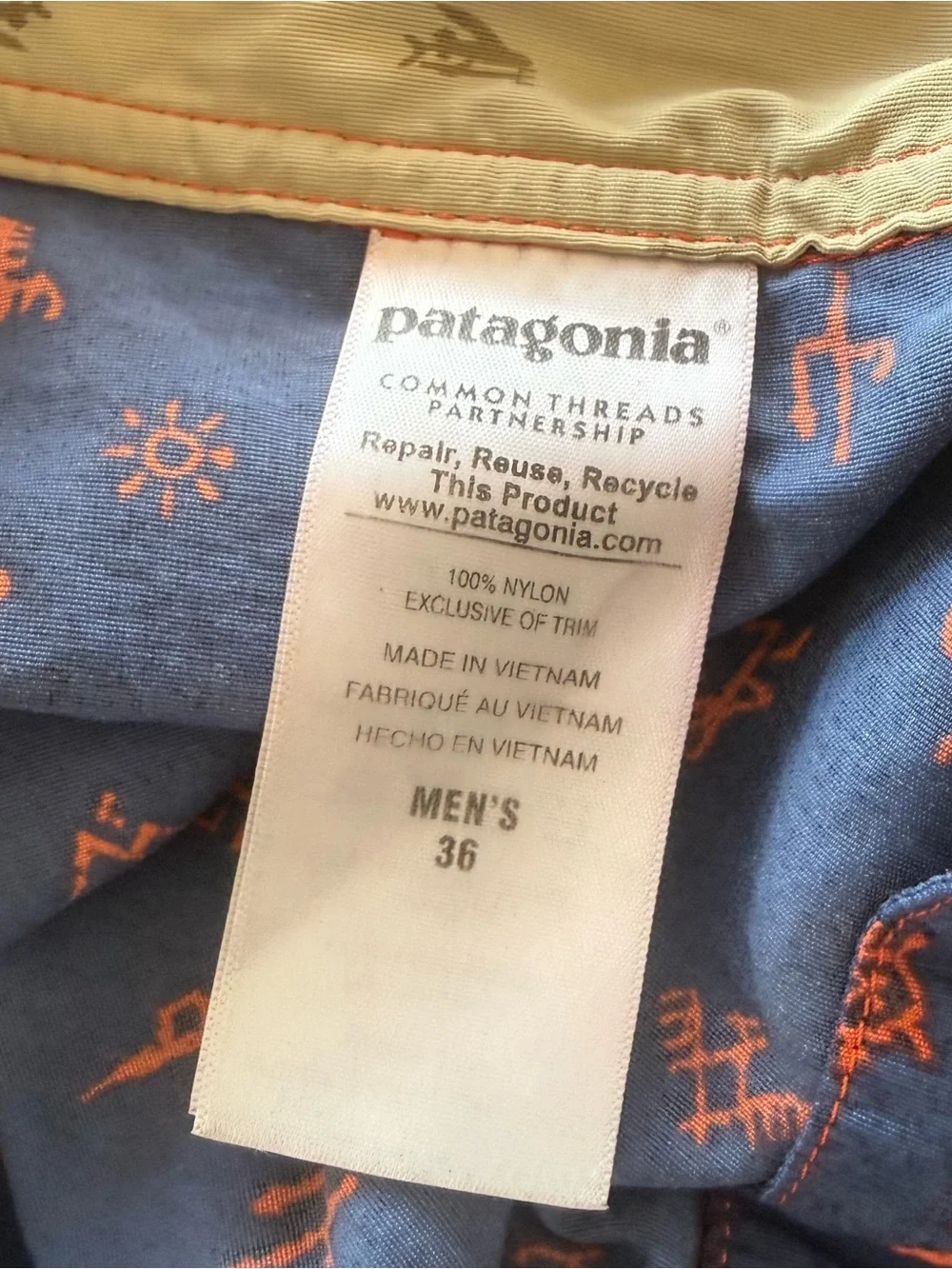 Patagonia Mens Board Shorts Blue Orange Southwest Desert Print Swim Trunks 36